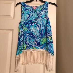 Lilly Pulitzer blue green patterned top w/ fringe